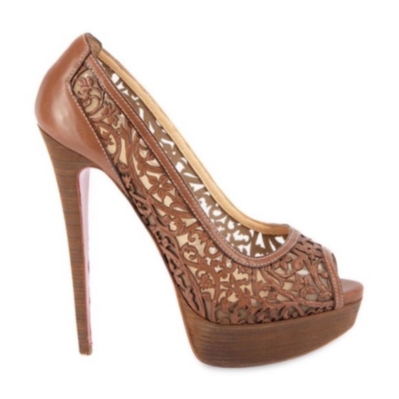 Christian Louboutin Pampas Tan Floral Lasercut Lady Peep Heel | 39 - Picture 8 of 11